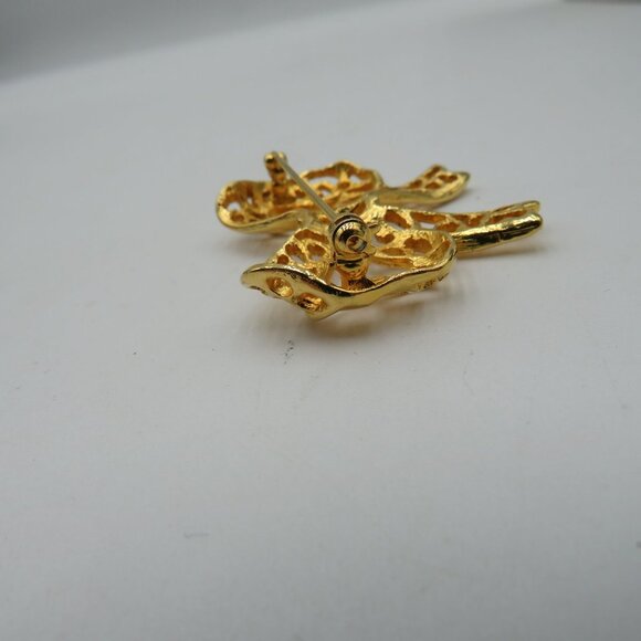 Vintage Ribbon Bow Gold Ton 1.5" Lacey Cut Out Brooch Pin - Picture 6 of 9